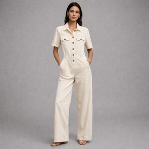 Massimo Dutti Cotton Blend Utility Jumpsuit Button-Up Short Sleeve Wide Leg Chic